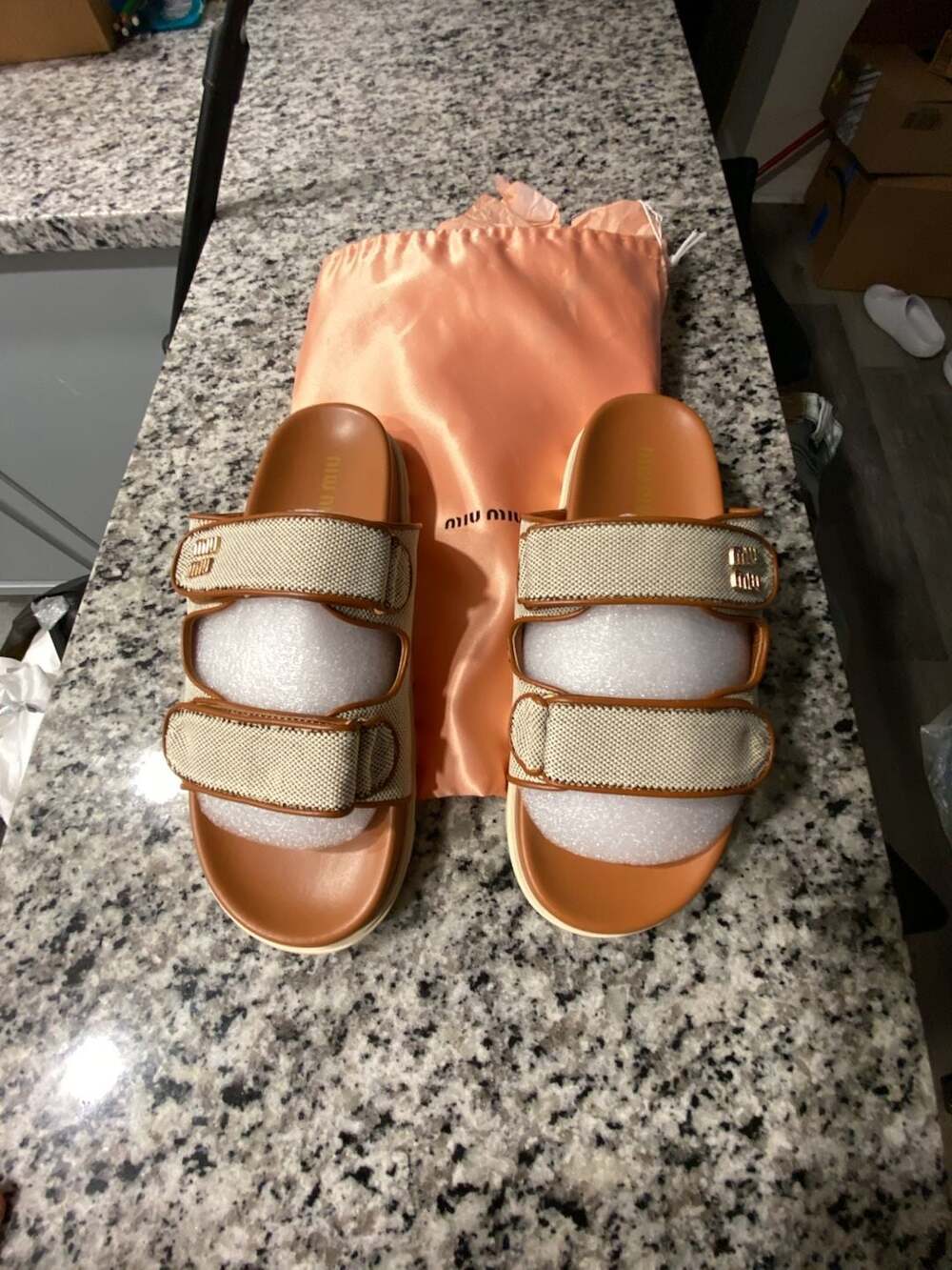 Miu Miu Canvas And Leather Velcro Slides Size 40